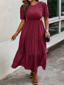Robe Évidée À Manches Bouffantes De Grande Taille - Rouge foncé - Voir 3
