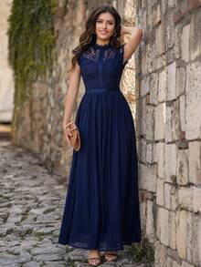 MIUSOL Robe de soirée en mousseline de soie avec corsage en dentelle contrastée et détail ruban - Bleu marine - Voir 8