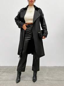 EURMUSE Turn-down Collar Coat With Pockets And Side Stripes - Black - View 1