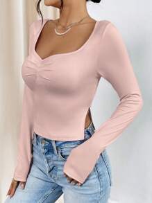 SHEIN Essnce 心形領長袖t恤 - 淺粉色 - 查看 2