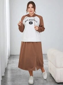 SHEIN Essnce 大尺寸抽繩連帽衫和運動褲套裝,有色塊和字母印花 - 卡其色 - 查看 3