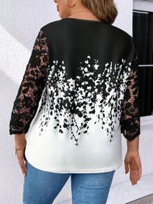 SHEIN LUNE Plus Size Women Tops Kontras Lace Blok Warna Bunga Casual Anggun - Hitam - View 2