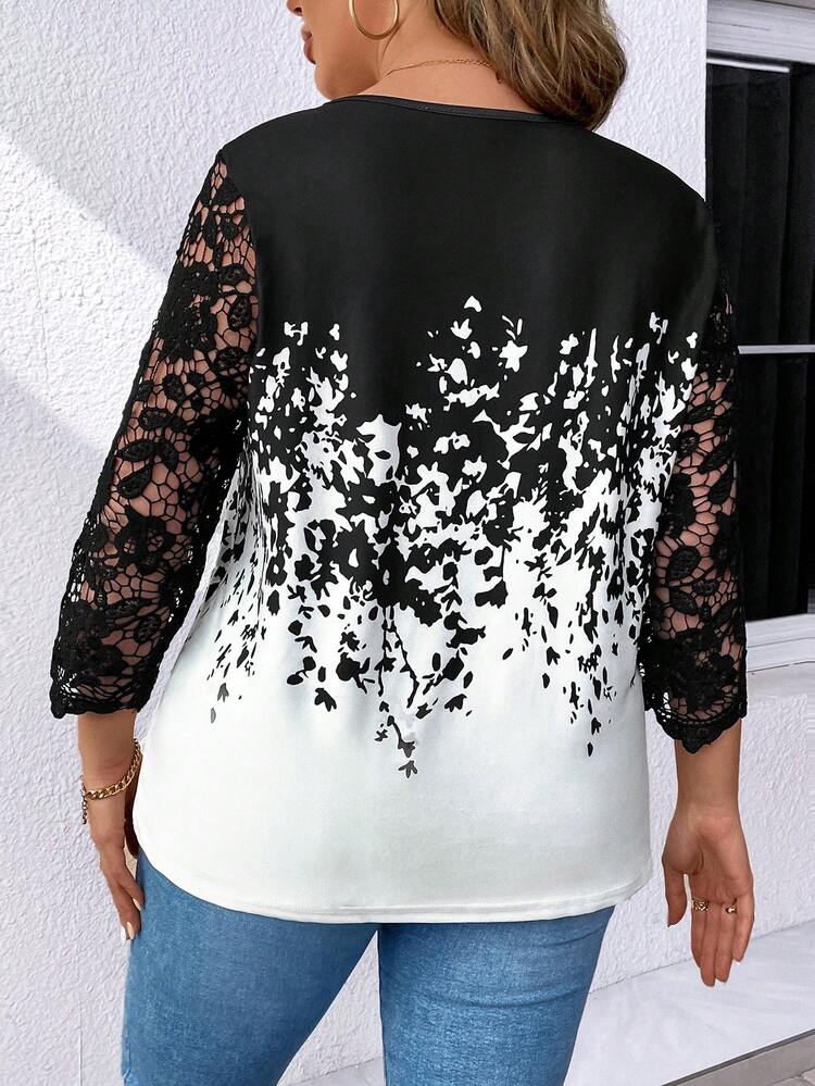 Plus Size Floral Print Lace Sleeve Top