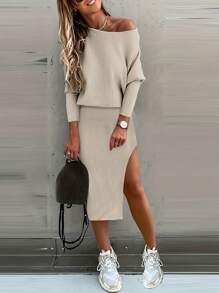 女款休閒露肩長袖上衣搭配高開衩不對稱裙2件式秋冬