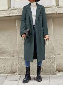 RueChic Double-breasted Fake Pocket Long Woolen Coat - Dark Grey - View 4