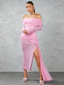SHEIN BAE Women's Ruffle Draped Bodycon Dress With Front Slit And Sash Detail - Pink - View 1