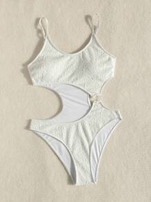 SHEIN Swim 夏季纯色镂空细肩带连体泳衣