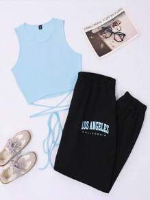 Flirla Plus Size Cross-tied Knitted Vest Top And Letter Printed Pants Suit - Multicolor - View 1