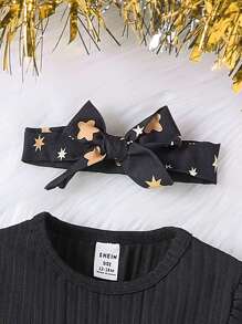Gaun Bayi Perempuan Kontras Mesh Ruffle Rib-Knit Huruf Random Print - Hitam - View 6