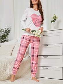 女士長袖長褲睡衣/居家服套裝,印有英文圖案