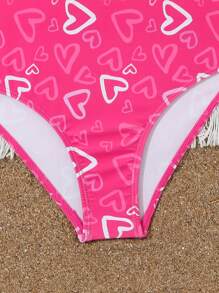 SHEIN Tween Girl One Piece Swimsuit With Heart Print - Hot Pink - View 4
