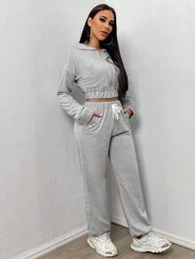 SHEIN SXY 純色連帽休閒兩件套裝 - 灰色 - 查看 3