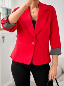 SHEIN Cottnline Striped Patchwork Roll-up Sleeve Blazer - Red - View 6