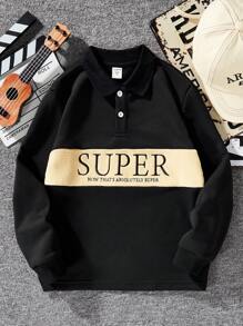 SHEIN 男孩絨面拼接字母繡裙衫,適合大童 - 黑色 - 查看 1