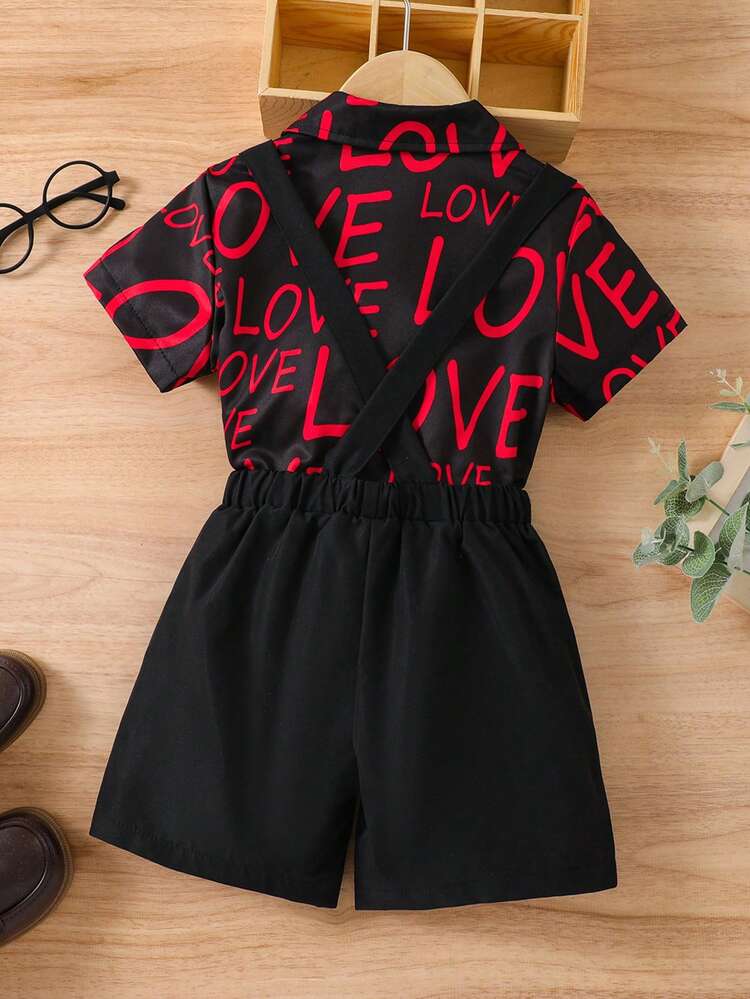 Toddler Boys' Letter Printed Shirt With Bowknot And Suspenders Shorts Set