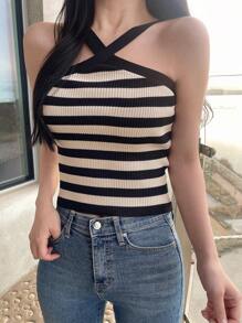DAZY Women's Striped Halterneck Tight Knit Top