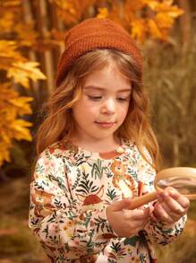 SHEIN Nhỏ bé Cô gái Thoải mái Thời gian rảnh rỗi con hổ & Thực vật In Áo nỉ Và Dài Quần Bộ - Màu be - Xem 4