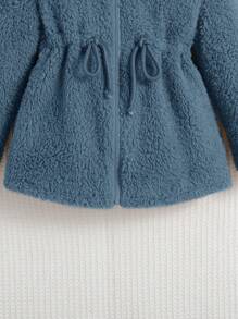 SHEIN 幼兒女童鬆身 Masson 色毛絨連帽外套,帶束腰繩,適用於秋/冬季 - 藍色 - 查看 7