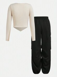 SHEIN Leap Crew Teenage Girls' Star Pattern T-shirt And Cargo Pants 2pcs Outfit Set