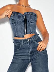 SHEIN BAE Washed Blue Biker Cup Detail Denim Top&Denim Corset