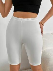 SHEIN PETITE 純色騎行短褲 - 白色 - 查看 3
