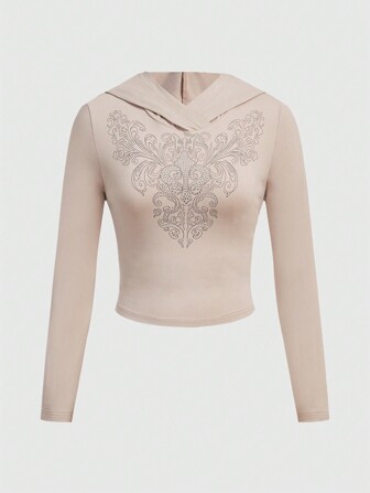 Fairycore Lily Flower Rhinestone Decor Turtleneck Tight Fit T-Shirt