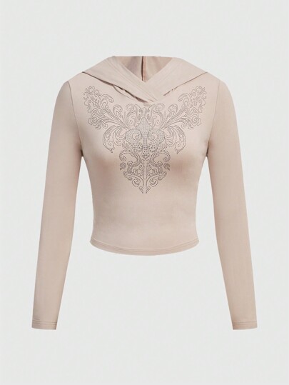Fairycore Engtailliertes Rollkragen T-Shirt mit Lilien-Blumen Strass Dekor