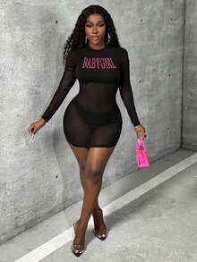 Slaydiva Gợi cảm Lưới Đầm Với Mẫu - màu đen - Xem 3