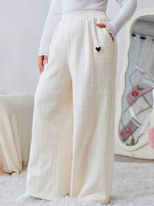 SHEIN EZwear 女性心形印花休閒長褲,附有口袋 - 米色 - 查看 3