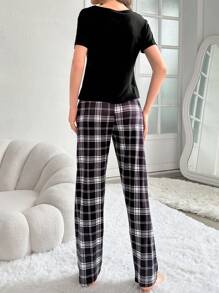 Heart & Letter Embossed T-Shirt And Plaid Long Pants Pajama Set - Black - View 2