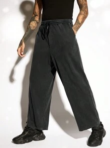 Manfinity RebelGame 男士純色束腰休閒運動褲 - 黑色 - 查看 3