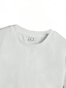 SHEIN Artist Tween Girls 纯色圆领短袖 T 恤，棉质，节日、新年、感恩节 - 白色 - 查看 3