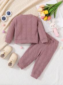 Baby Girl Rabbit Printed Round Neck Casual Set - Dusty Pink - View 2