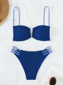 SHEIN Swim Summer Beach Hollow Out Solid Color Bikini Set With Shoulder Straps - Navy Blue - View 1