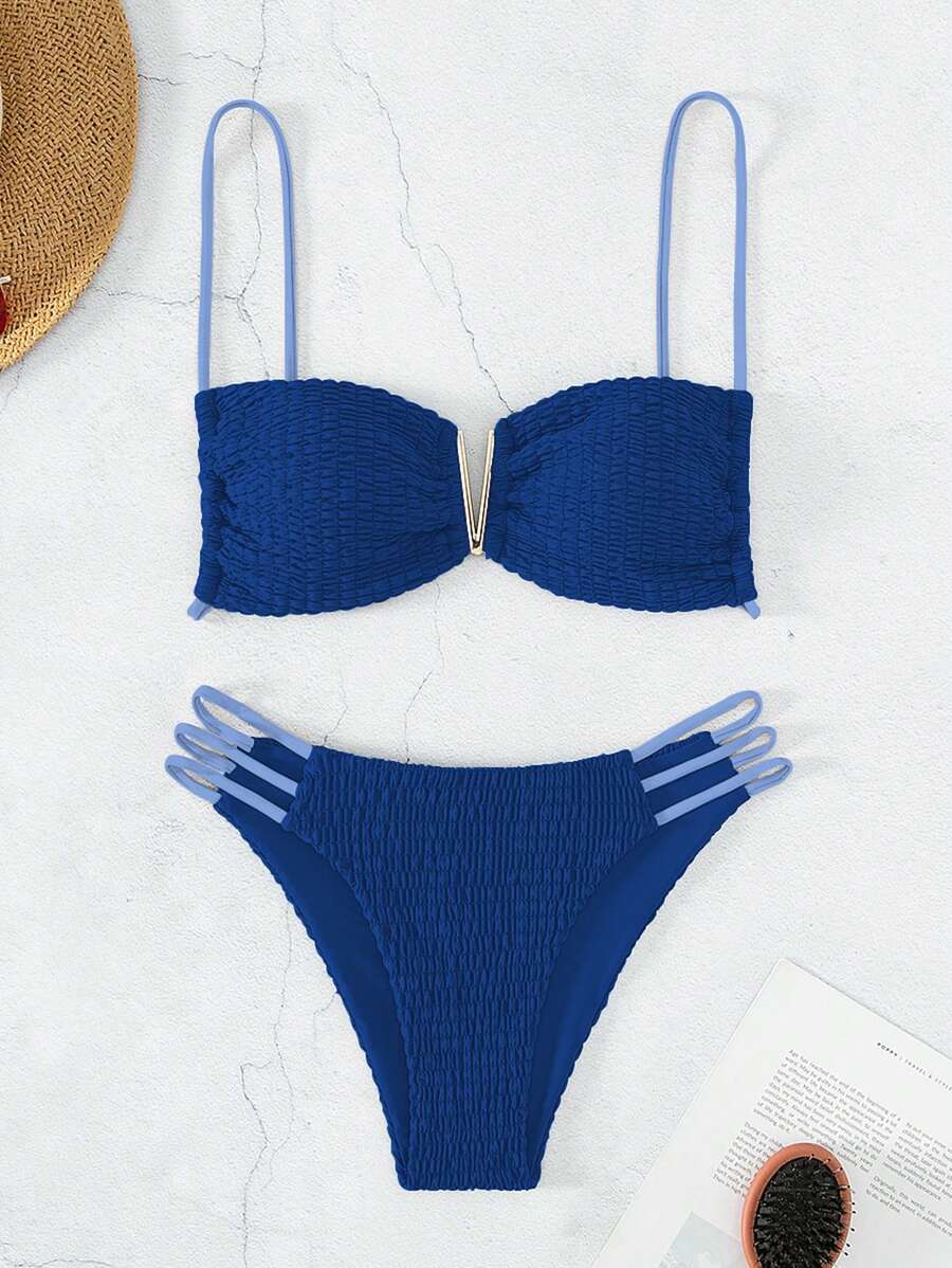 SHEIN Swim Summer Beach Hollow Out Solid Color Bikini Set With Shoulder Straps - Navy Blue - View 1