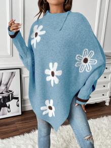 EMERY ROSE Suéter de mujer con mangas de murciélago y estampado floral, suéter de punto de manga larga para otoño e invierno - Azul - Ver 3