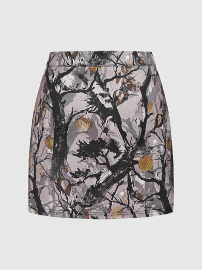 Grunge Punk Jupe de femme à imprimé réaliste de branche d'arbre et de motif de feuille fanée
