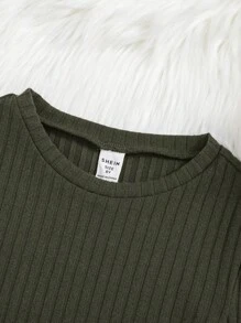 SHEIN 女童運動休閒針織純色長袖連衣裙,圓領設計 - 軍綠色 - 查看 5