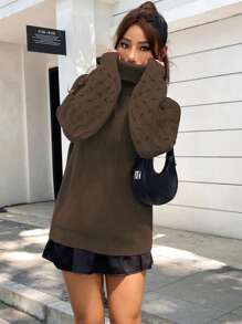 SHEIN Unity Của phụ nữ Giải trí Cổ cao Thả vai Áo len - Cà phê nâu - Xem 6