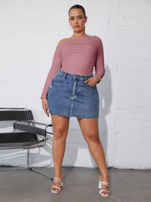 SHEIN SXY 大码女式不对称肩长袖T恤 - 藕粉色 - 查看 3