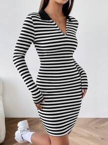 SHEIN EZwear 女士條紋針織緊身連身裙 - 黑與白 - 查看 1