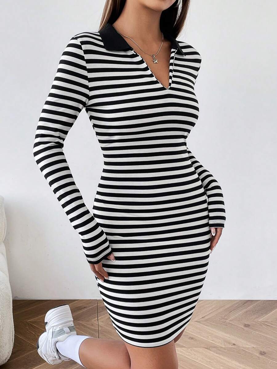 SHEIN EZwear 女士條紋針織緊身連身裙 - 黑與白 - 查看 1