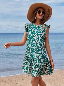 SHEIN VCAY Vestido Con Estampado De Hojas Y Dobladillo Con Volantes - Verde - Ver 1