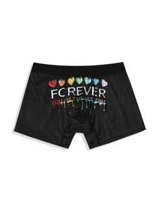 Men's Heart And Text Printed Boxer Briefs - Black - View 3