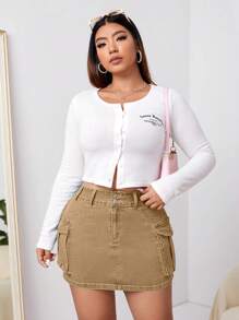 SHEIN ICON Plus Size Women's Denim Mini Skirt With Pockets And Utility Styling - Khaki - View 3