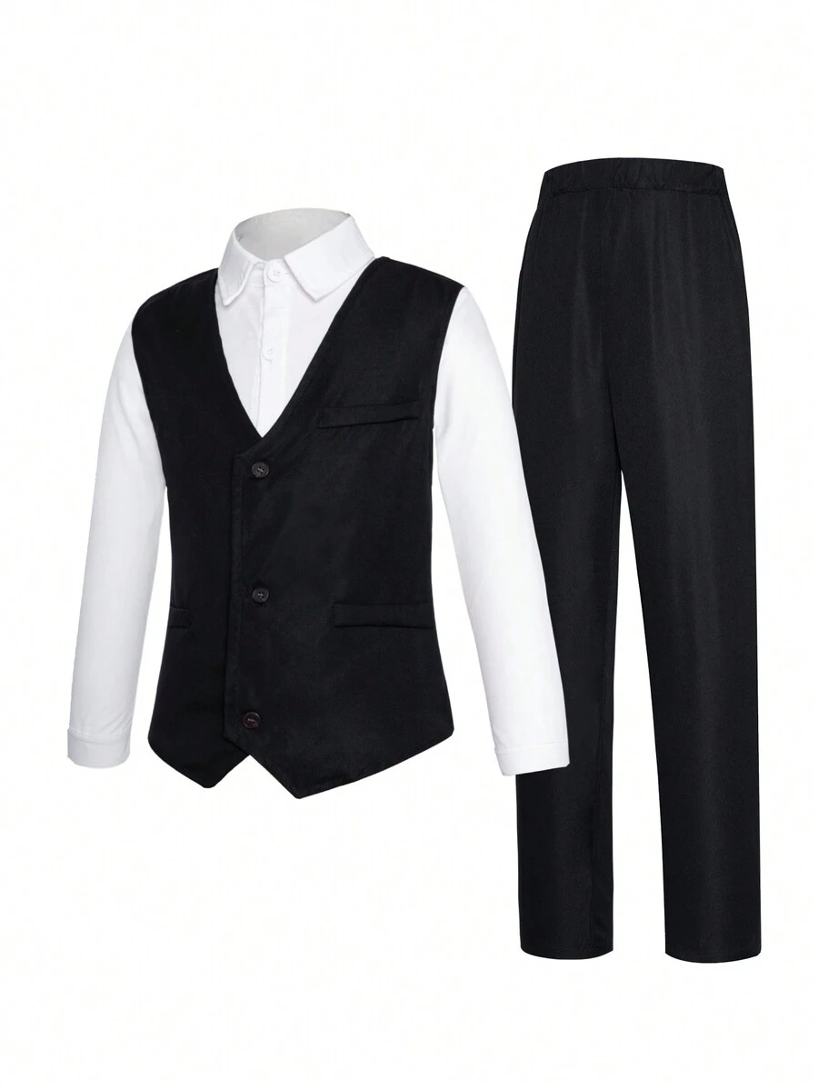 2 cái/bộ Bé trai Quý ông Màu thuần Áo vest Bộ đồ Áo khoác Và Thường xuyên Quần Bộ , Thích hợp Đối với Hằng ngày & Lễ hội , Mùa thu & Mùa Đông - màu đen - Xem 1