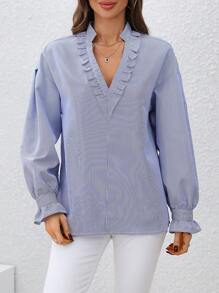 Chiquease Ruffle Hem Striped Blouse - Blue and White - View 3