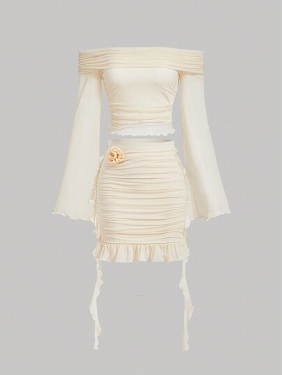 SHEIN X Garcia Sisters SHEIN MOD Conjunto De 2 Piezas De Falda Ajustada Con Dobladillo Con Volantes Y Top Con Mangas Plisadas De Color Liso