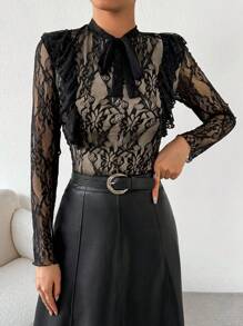 SHEIN Privé Ladies' Lace Long Sleeve T-shirt With Ruffle Hem - Black - View 1