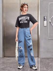 SHEIN Teen Girls' Butterfly & Letter Print Ripped Straight Leg Jeans - Blue - View 4